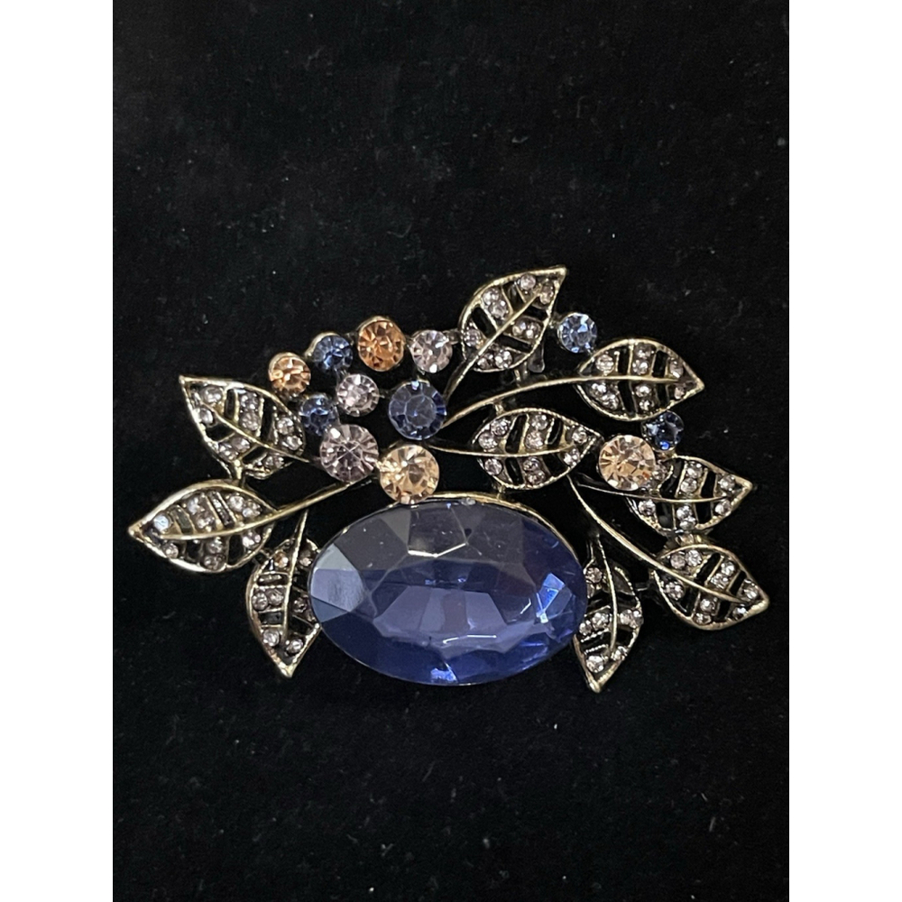 Flower Floral Brooch Pin Corsage Gold Tone Lg Blue Stone Clear Stone Leaves NWOT